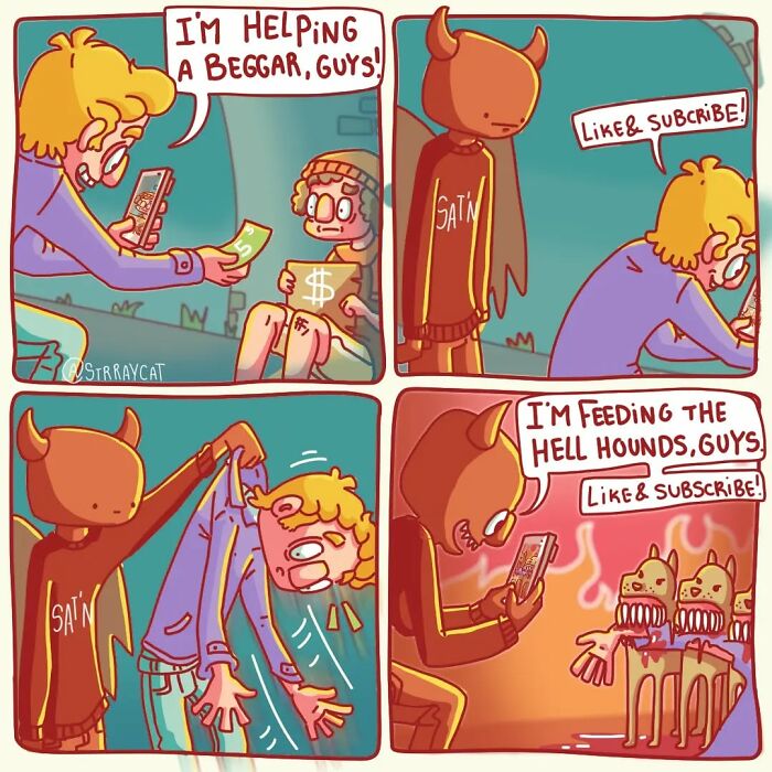 Sarcastic comic with a twisted ending, featuring a beggar scene and a character transforming into a devil feeding hellhounds.