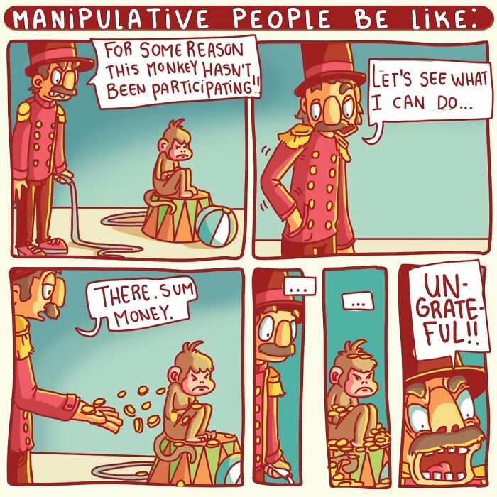 Sarcastic comic by artist showing monkey and man in a manipulative situation with twisted ending message.