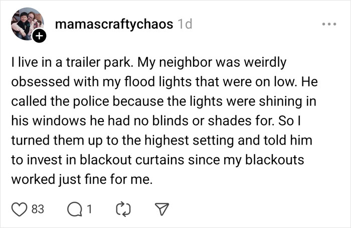 Text post about a couple's reaction to neighbor's complaints regarding bright flood lights.