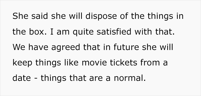 Text about relationship and a box in a wardrobe discusses disposal and keeping movie tickets as memorabilia.