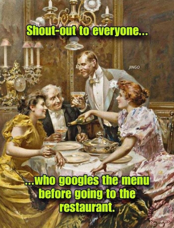 Classical painting with people dining, overlaid with meme text about googling restaurant menus.