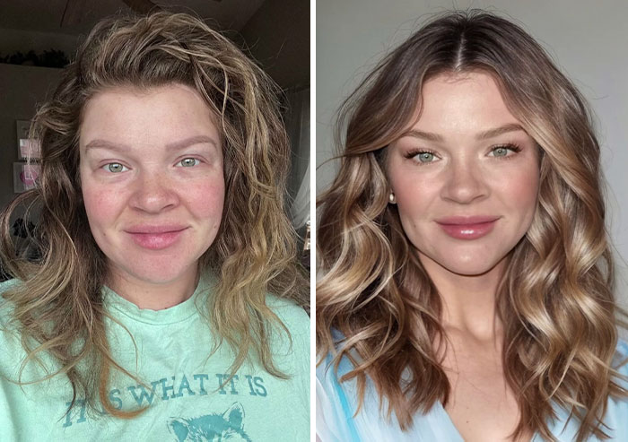 Before and after digital makeover by a content creator, showcasing dramatic beauty transformation.