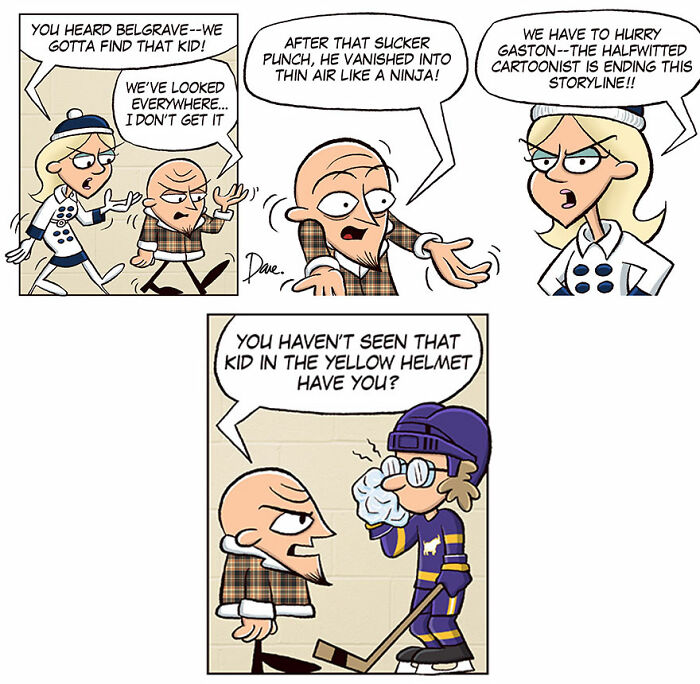 Comic characters searching for Planey Joey, discussing a missing kid in a yellow helmet.