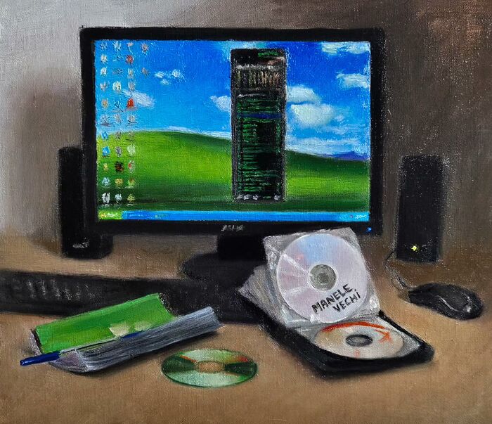 Oil painting of a desktop scene capturing Eastern Europe nostalgia with a computer, CDs, and nostalgic items.
