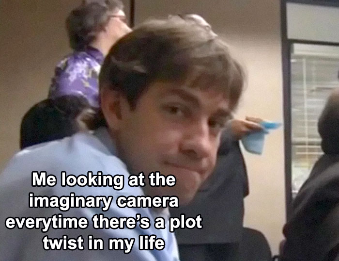 Office worker glancing at camera with a smirk, humorous text overlay about life's plot twists. Perfect for mental health memes.