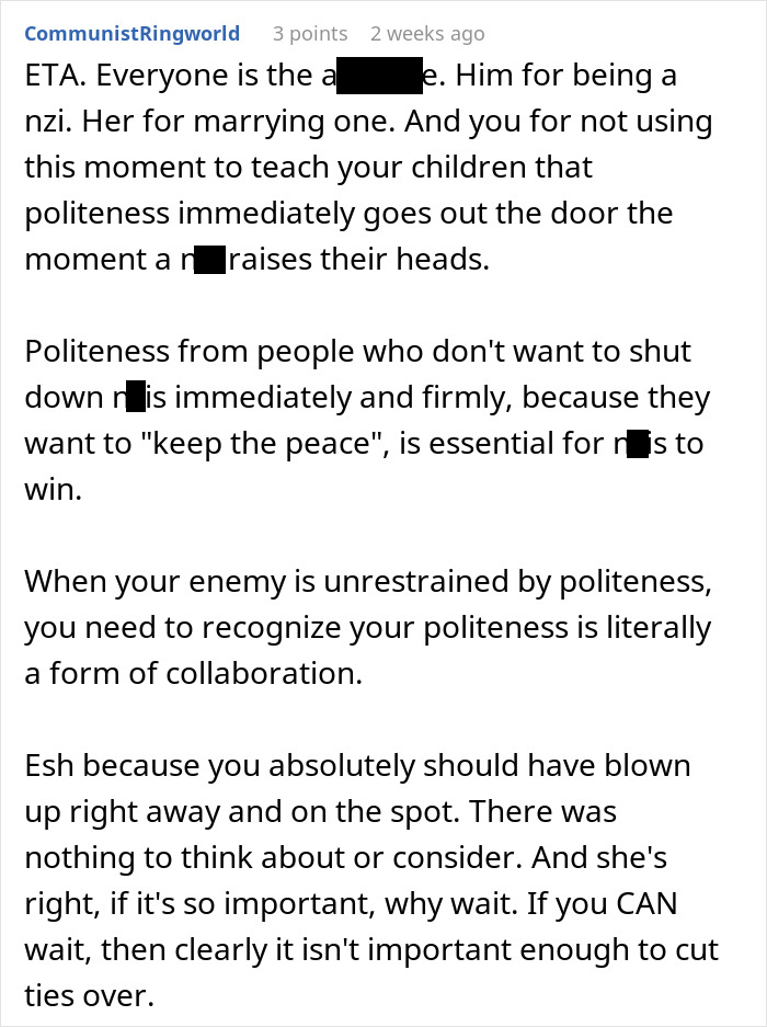 Text conversation discussing politeness, offensive behavior, and speaking up. Text conversation discussing politeness, offensive behavior, and speaking up.