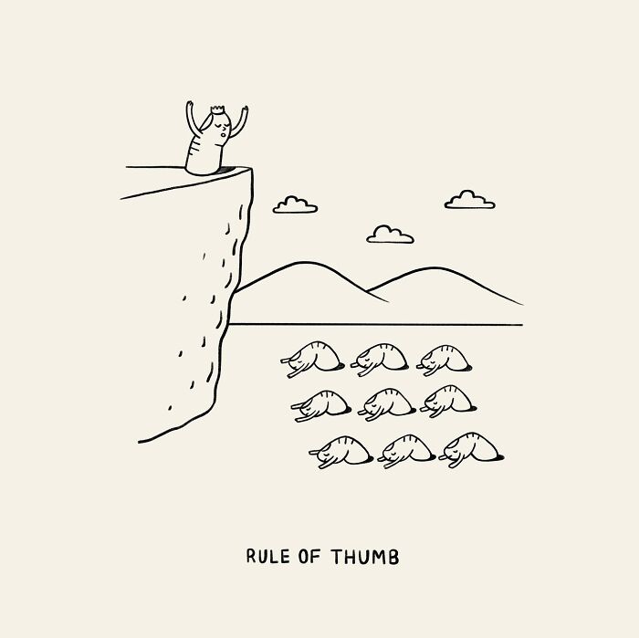 Cartoon by John Larigakis with a thumb character overlooking a group under "Rule of Thumb" text.