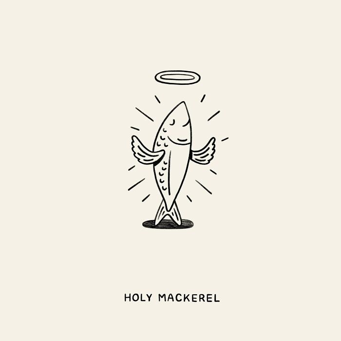 Illustration of a fish with a halo and wings, titled "Holy Mackerel" by John Larigakis.