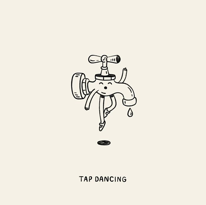 A playful illustration of a dancing tap with legs and a drop, designed by John Larigakis.