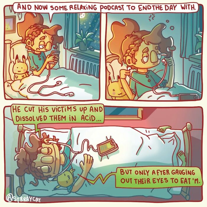 Sarcastic comic featuring a character listening to a podcast with a twisted ending in bed; humorous contrast depicted.