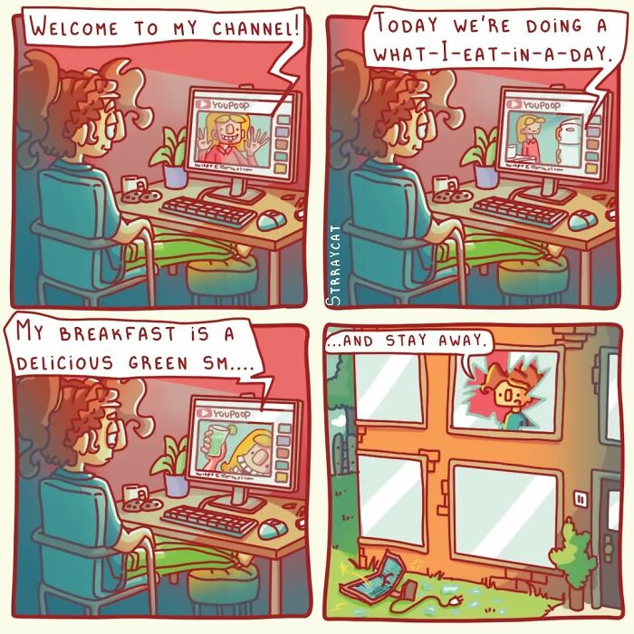 Sarcastic comic illustration of a YouTube channel with twisted ending, featuring a character at a computer and an unexpected event.
