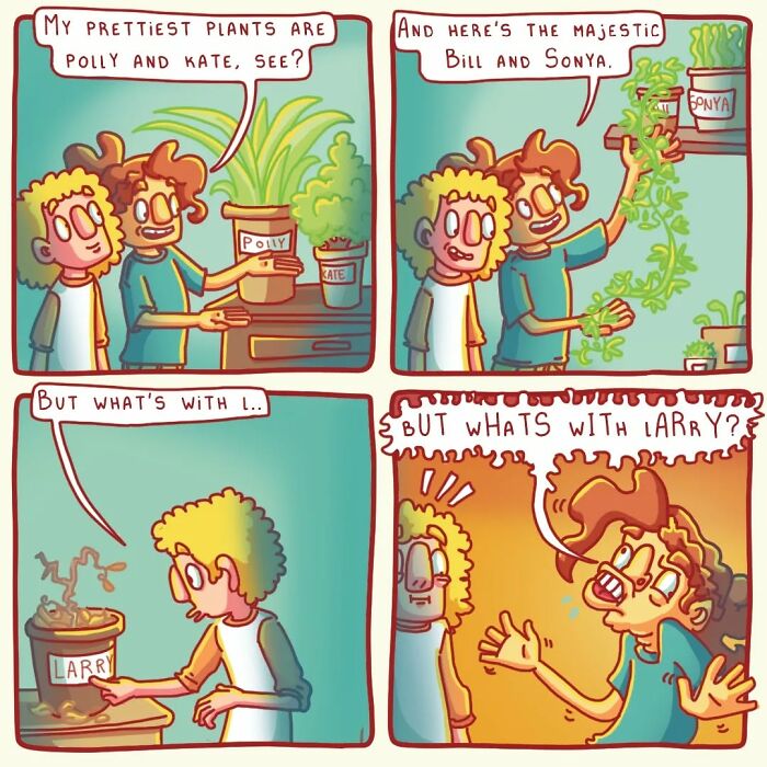 Two characters view potted plants with names, leading to a sarcastic twist involving a plant named Larry, drawn in a comic style.