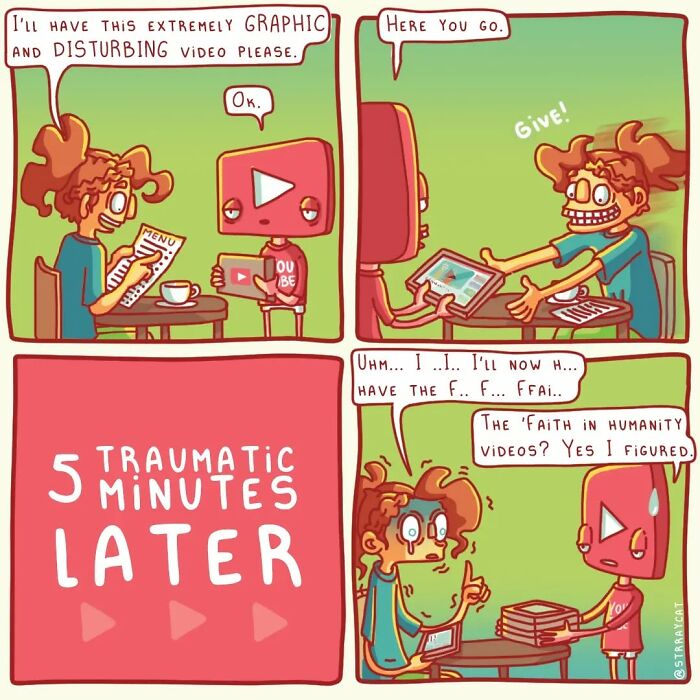 Comic art with a sarcastic twist, featuring a person reacting to a graphic video suggestion.