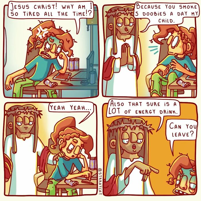 Artist's sarcastic comic showing a tired person talking to a figure about energy drinks and lifestyle habits.