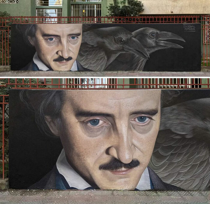 Chilean artist's mural featuring a portrait and two ravens, showcasing breathtaking detail and realism.