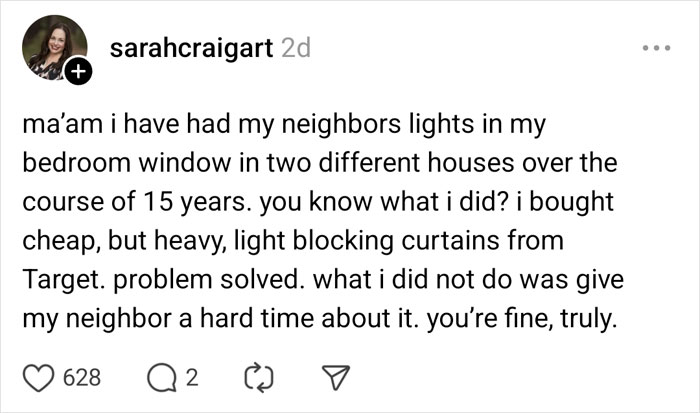 Social media post discussing neighbor's lights, suggesting heavy curtains as a solution. Complaints about light addressed creatively.