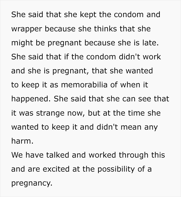 Text reads: "She kept the condom as memorabilia, thinking she might be pregnant. We've worked through it and are excited.