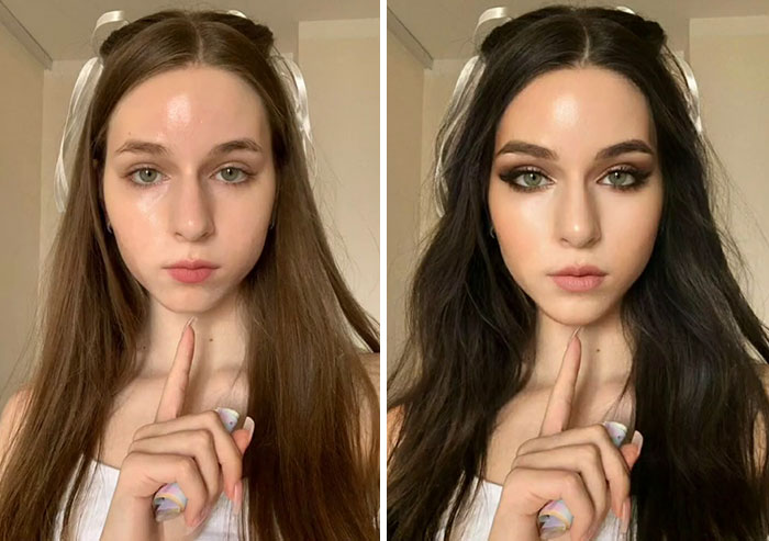 Digital makeover transformation by content creator shows enhanced makeup and hairstyle.