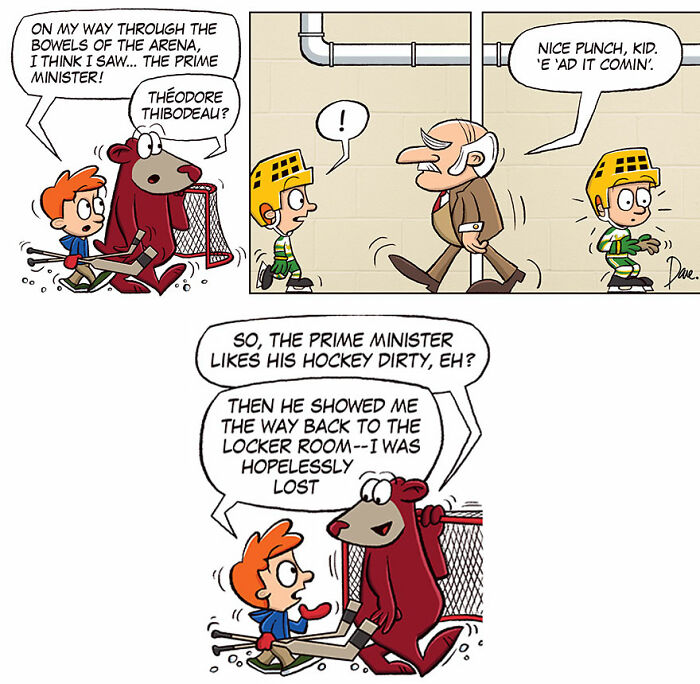 Cartoon characters, including Planey Joey, discussing a hockey encounter with the prime minister.