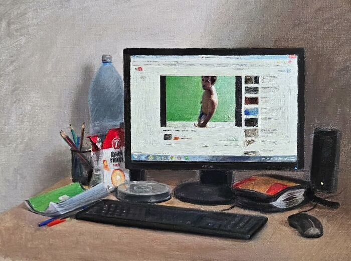 Oil painting of a desk with monitor playing a video, capturing Eastern Europe’s collective nostalgia and everyday life elements.