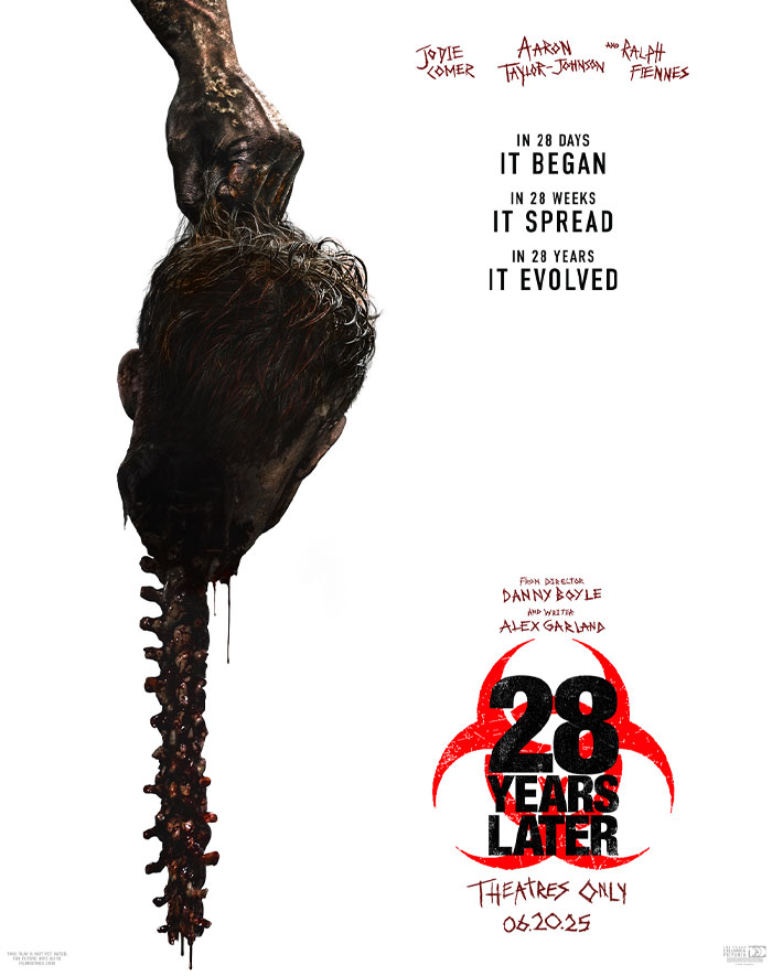 28 Years Later movie poster with spine graphic and cast names above the film's release date. 28 Years Later movie poster with spine graphic and cast names above the film's release date.