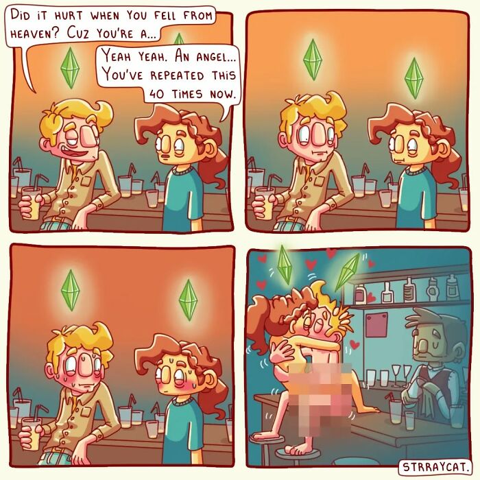 Sarcastic comic with characters flirting and a humorous twist at a bar.