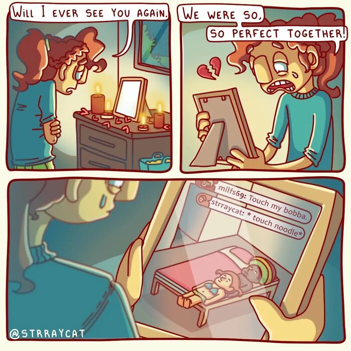 Sarcastic comic with woman looking at framed picture, humorous twist revealed in chat messages above image.