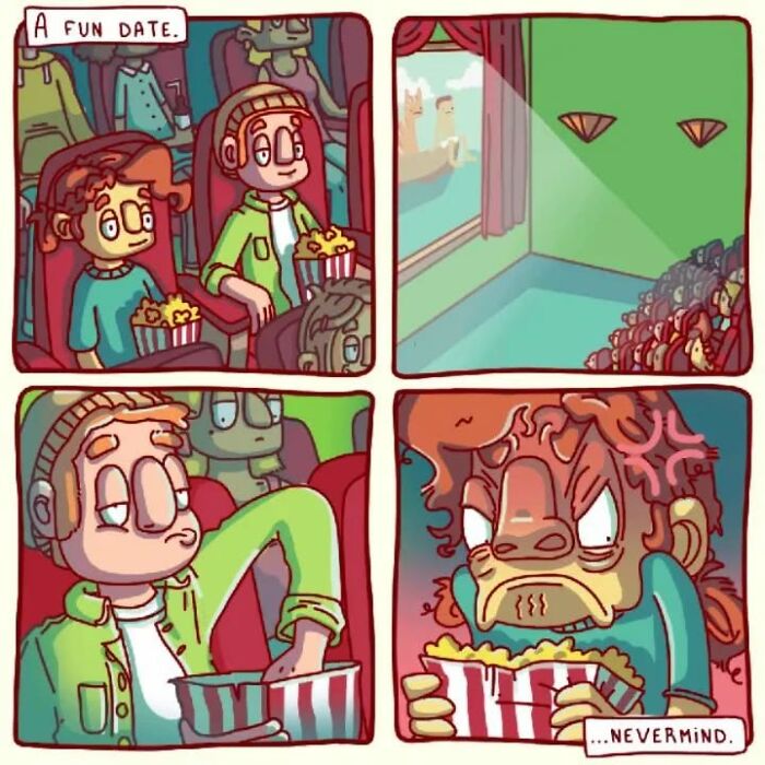 Comic strip with sarcastic twist: couple on a date, boy takes popcorn, girl becomes furious.