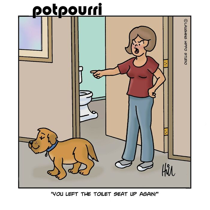 Dog humor comic with a woman scolding a dog for leaving the toilet seat up by Laughing Hippo Studio.