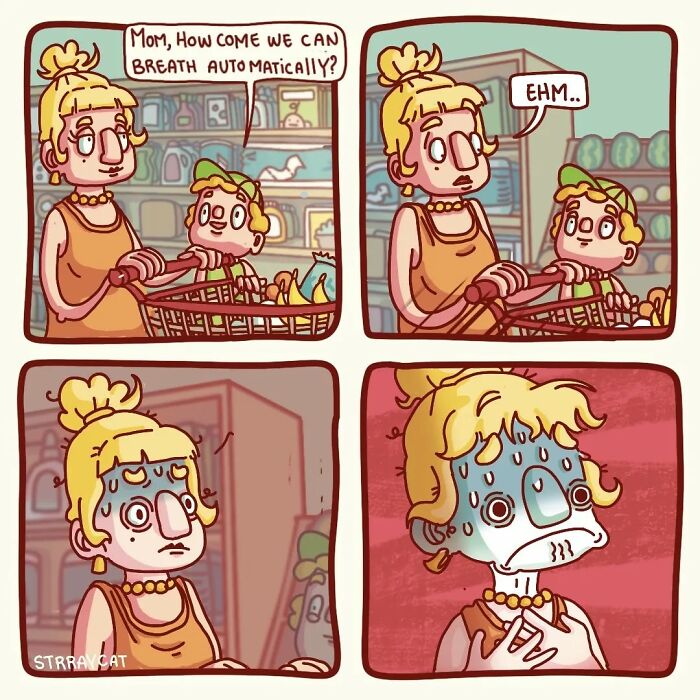 Sarcastic comic of a mom and child in a grocery store, showing a humorous and twisted reaction to a breathing question.