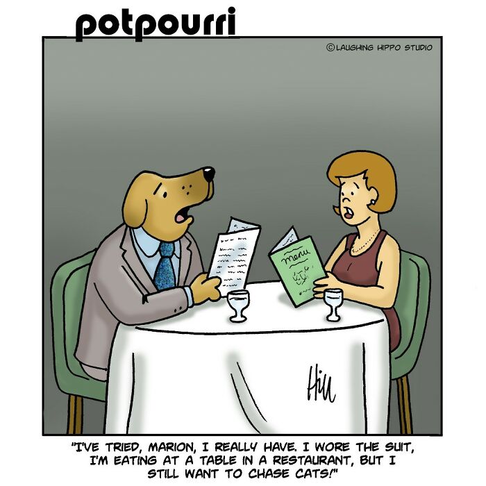 A dog in a suit humorously chats with a woman at a restaurant table, reflecting comic scenarios by Laughing Hippo Studio.