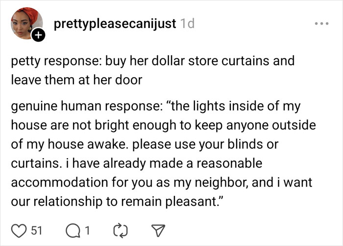 Response to neighbor's light complaints on <a target=