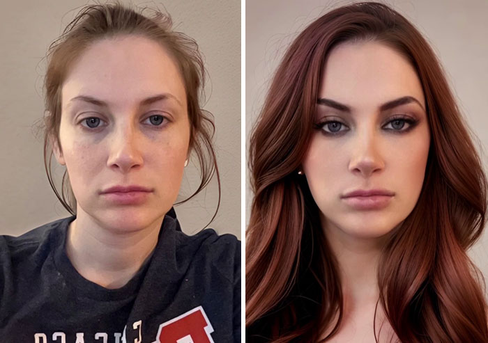 Before and after digital makeover; content creator's transformation with styled hair and makeup.