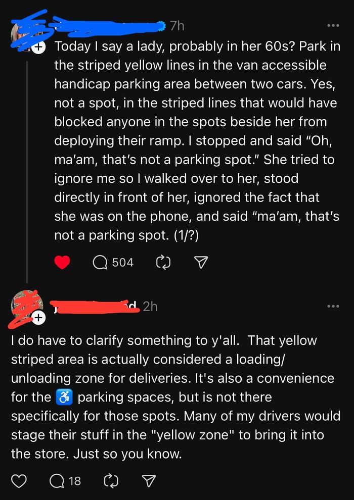 Courageous parking correction in striped yellow lines near accessible spots discussed by two users.