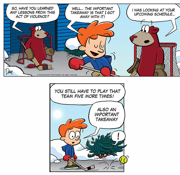 Planey Joey cartoon, a boy with a hockey stick talking to a bear in goalie gear, discussing upcoming games.