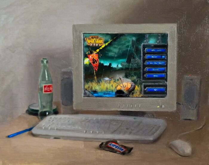 Oil painting depicting Eastern Europe's nostalgia with vintage computer setup and classic soda bottle.