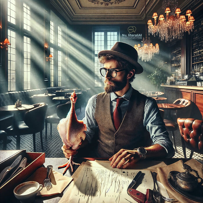 Man in vintage setting holding a rubber chicken, surrounded by pasta, interpreting funny Lithuanian idioms with AI.