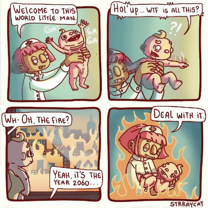Sarcastic comic featuring a futuristic scene with a baby in flames, depicting a twisted ending set in the year 2060.