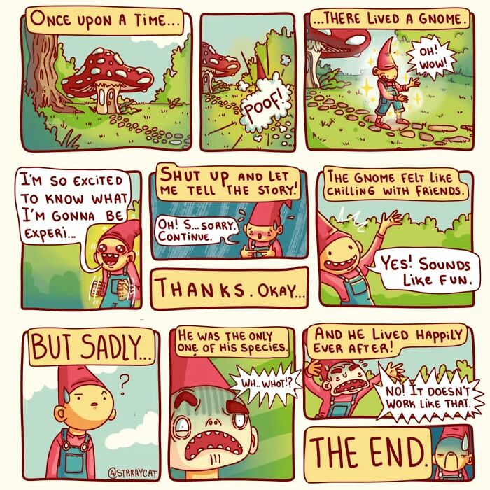 A sarcastic comic featuring a gnome with a twisted ending.