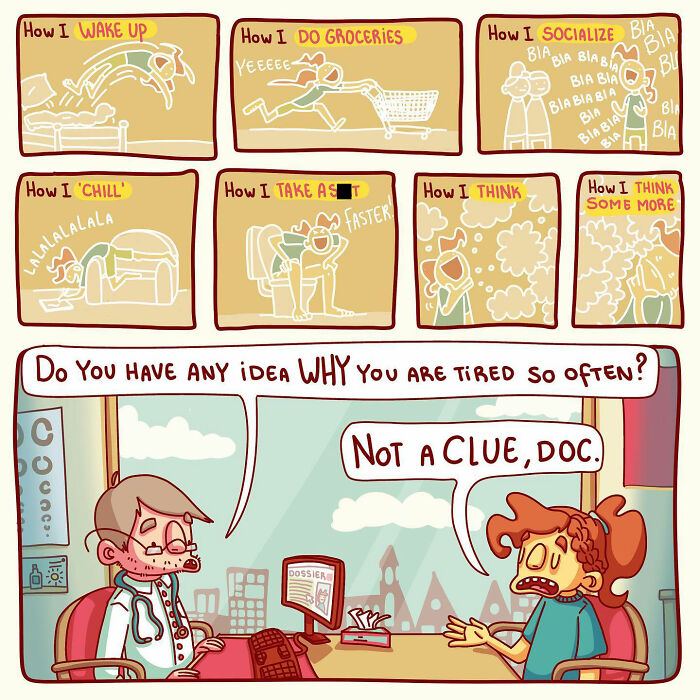 Sarcastic comic by artist showing twisted ending with a doctor and a mysteriously tired patient discussing lifestyle habits.