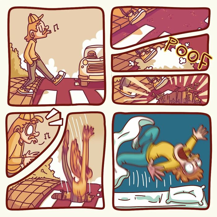 Comic strip of a man walking, falling through a crosswalk, and landing in bed, showcasing sarcastic humor with a twist.