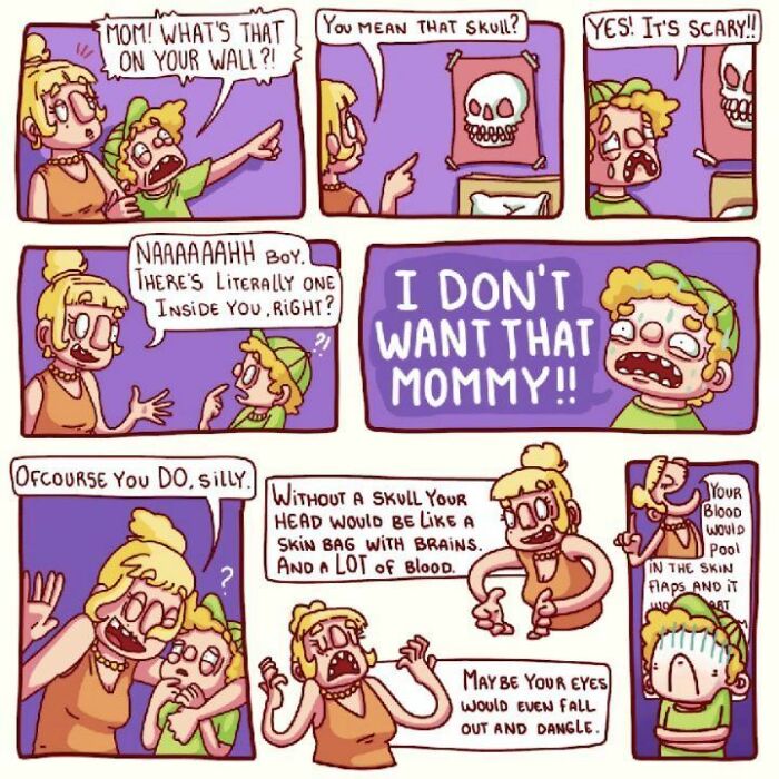 Sarcastic comic shows a child reacting to a skull on the wall with a humorous twist in the conversation with their mother.