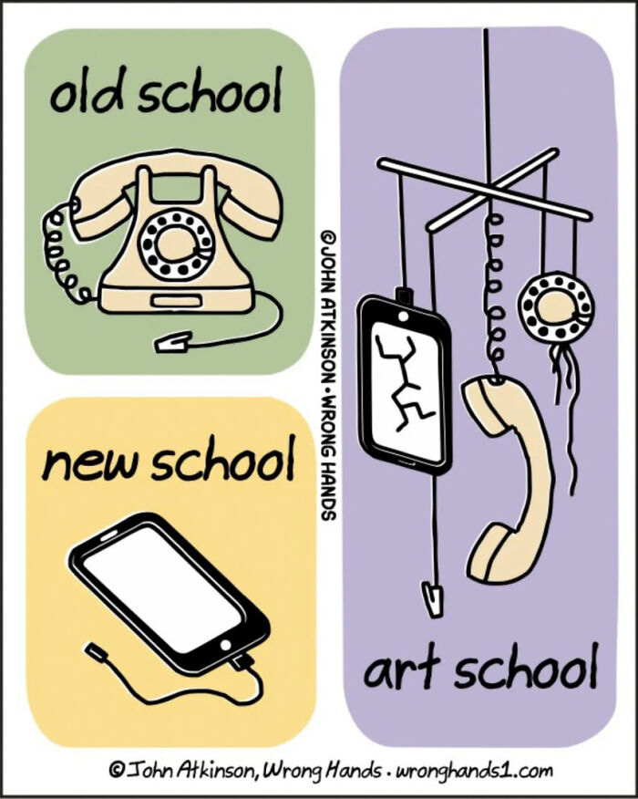 Comic by John Atkinson showing "old school" rotary phone, "new school" smartphone, and "art school" mobile sculpture.