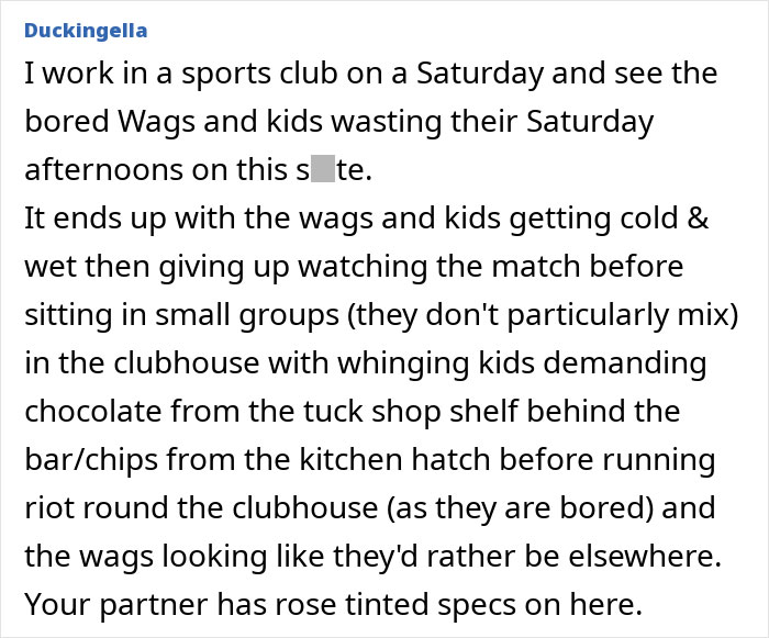 Sports club scene with wives and kids waiting during a football match, illustrating a husband's football hobby involvement.