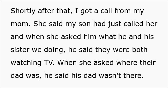 Text conversation about husband denying leaving children home alone, revealing they were watching TV unsupervised.