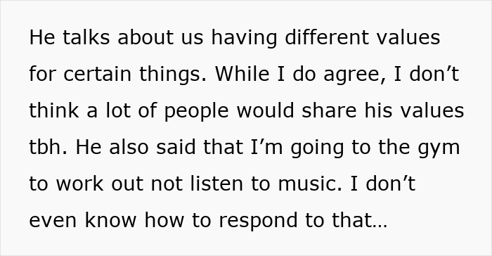 Text discussing different values in relationships and opinions on using headphones in the gym.