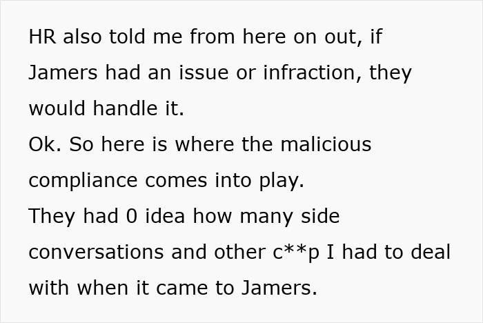 Text snippet discussing HR's handling of a difficult worker, highlighting malicious compliance and supervisor's challenges. Text snippet discussing HR's handling of a difficult worker, highlighting malicious compliance and supervisor's challenges.