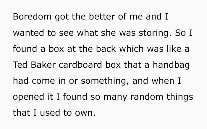 Text about finding a creepy box in girlfriend's wardrobe with old personal items inside.