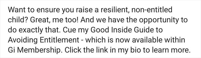 Text about a guide for raising non-entitled kids, available in a membership.