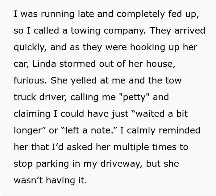 Text describes a conflict involving a neighbor parking a car without authorization, leading to a towing incident.
